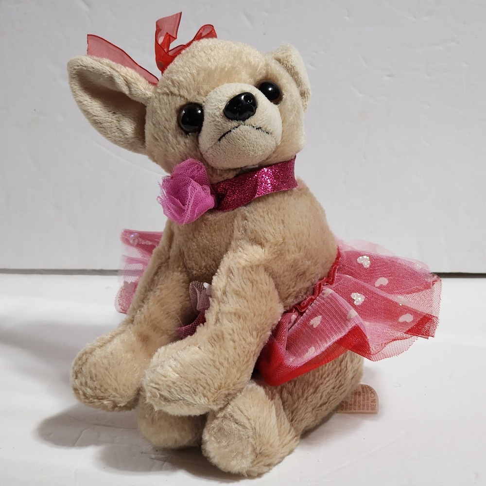 Dan Dee Plush Chihuahua Puppy Dog Mesh Skirt Hearts Pink Collar Glitter Bow 9"